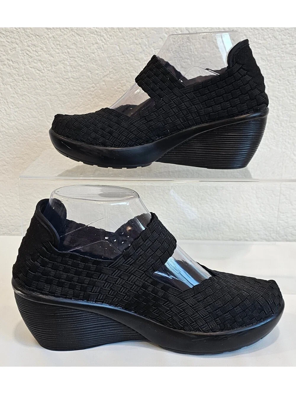 Bernie Mev Women's Black Woven Mary Jane Wedge Shoes Size 37, US 6-6.5